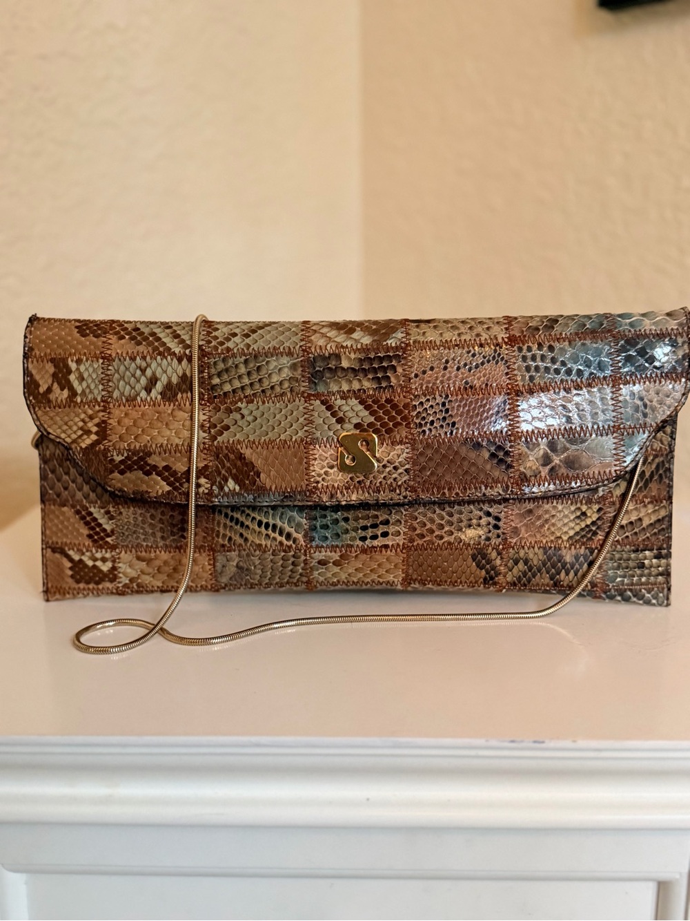 Sanes snakeskin python exotic leather handbag clutch removable gold chain strap